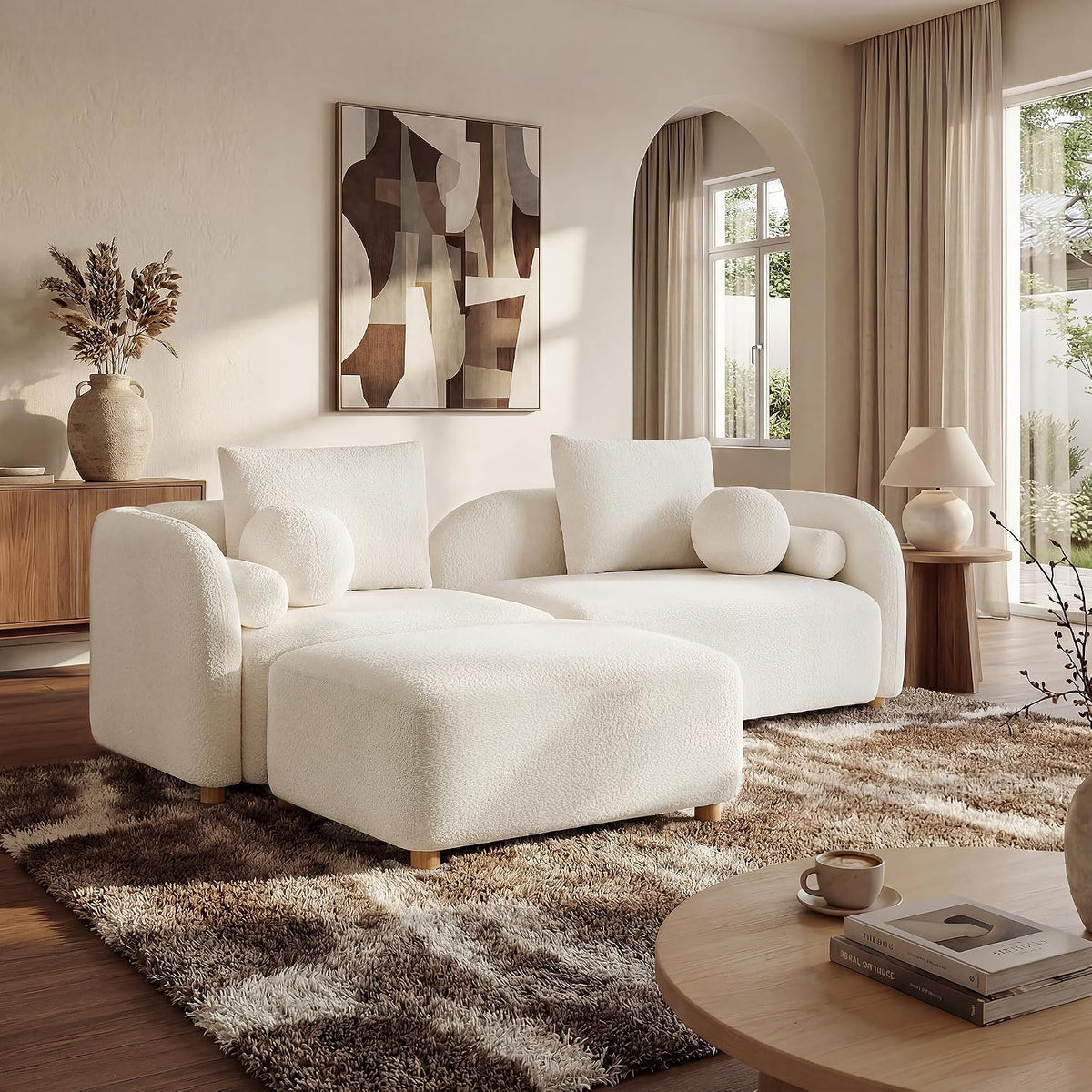 Modern Sherpa Boucle Ottoman, Comfy Modular Cloud Couch Ottoman, Apartment, Cream White