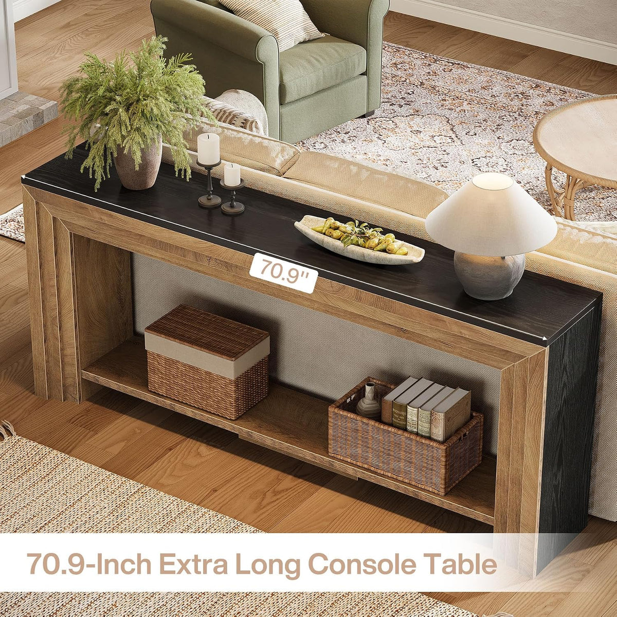 Tribesigns 70.9 Inch Narrow Console Table, Farmhouse 2-Tier Wooden Sofa Table with Storage, Space-Saving Behind Couch Accent Table for Living Room, Entryway, Hallway and Foyer