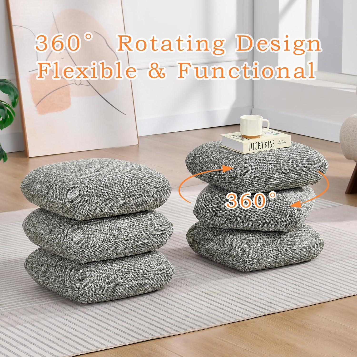 DUHOME 360°Swivel Upholstered Square Ottoman with Storage,Modern Boucle Ottoman Coffee Table with Removable Top White Vanity Stool with Storage for Bedroom, Living Room, Dark Green