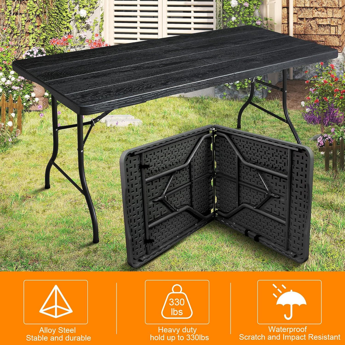 6ft Folding Table, Portable Heavy Duty Plastic Fold-in-Half Utility Table for Indoor/Outdoor Use, Dining, Camping, Picnic, Party, Black Woodgrain