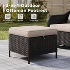2 Pieces Patio All-Weather Wicker Ottomans with Cushions, PE Rattan Outdoor Conversation Furniture Set for Backyard, Deck, Lawn (Beige)