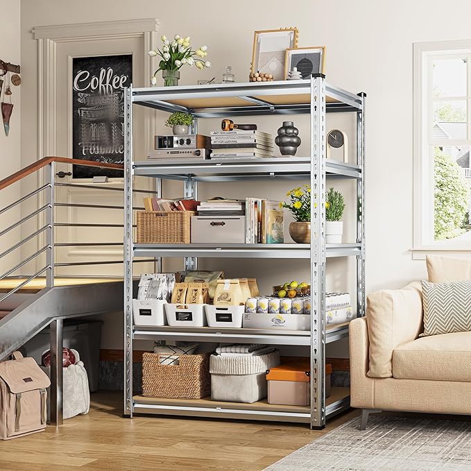 REIBII Garage Shelving, 5 Tier Storage Shelves Load 2020LBS, Adjustable Garage Shelving Heavy Duty, Metal Shelves Unit with Waterproof Columns, 35.5" W x 11.9" D x 72" H, Galvanized, 2 Pack