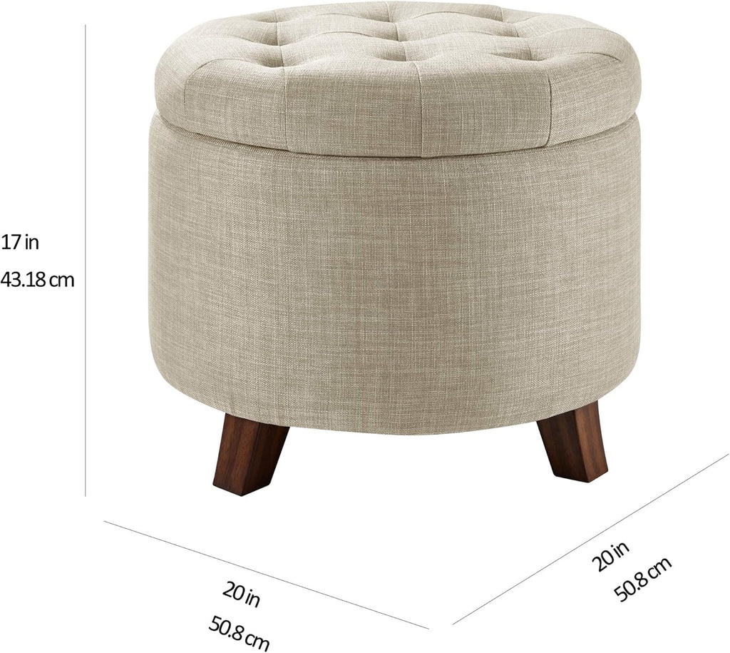 Amazon Basics Round Storage Ottoman Foot Rest, Button Tufted Upholstered Footstool with Storage, Sturdy Linen Fabric for Living Room and Bedroom, 20" x 17", Beige