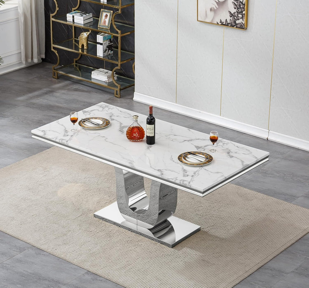 Faux Marble Dining Table for 4 to 6, 68 inch Luxury Dining Room Table with White Faux Marble Top & Silver Stainless Steel U Base, Modern Rectangle Dinner Table for Kitchen Living Dining Room Apartment
