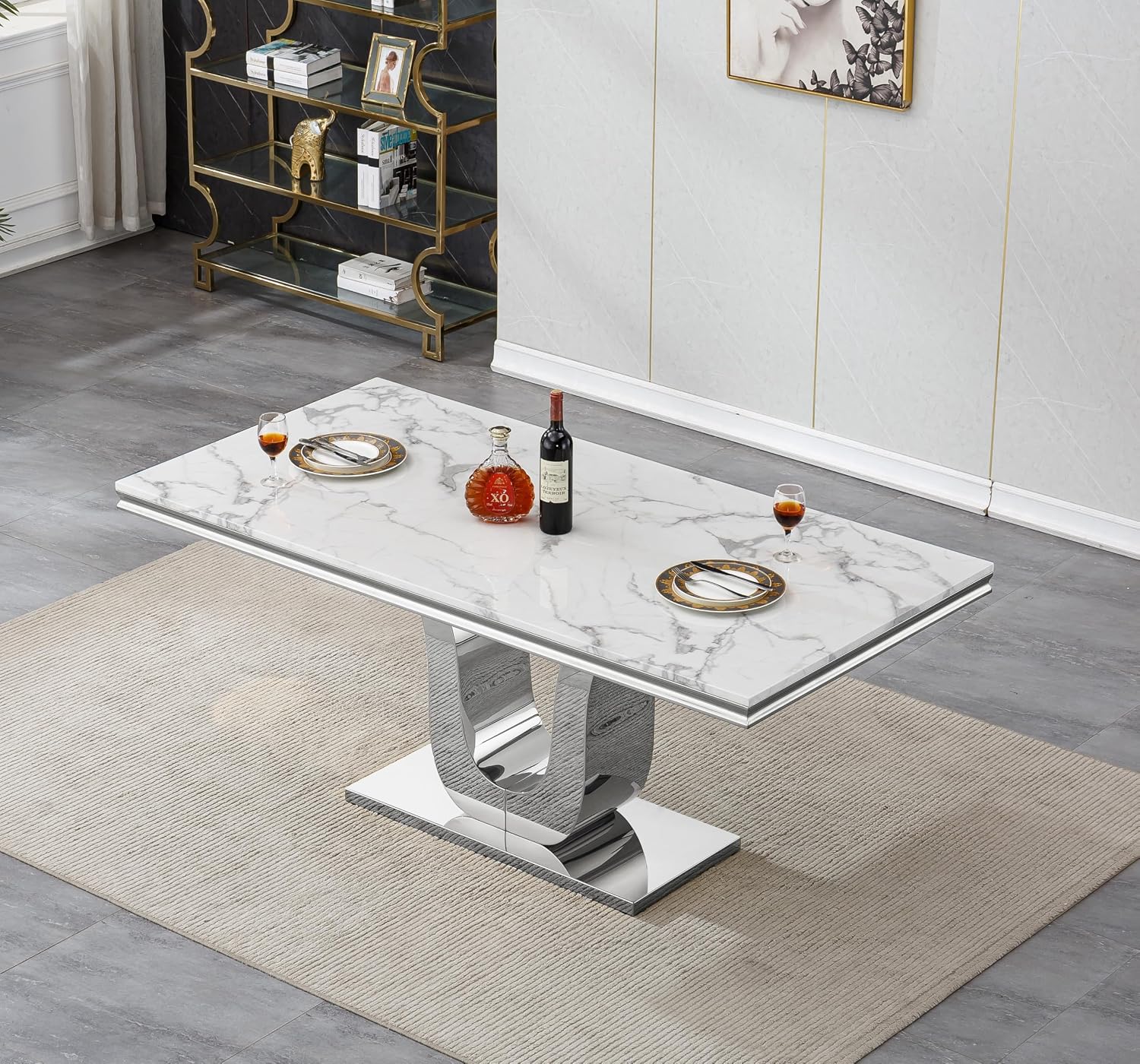 Faux Marble Dining Table for 4 to 6, 68 inch Luxury Dining Room Table with White Faux Marble Top & Silver Stainless Steel U Base, Modern Rectangle Dinner Table for Kitchen Living Dining Room Apartment