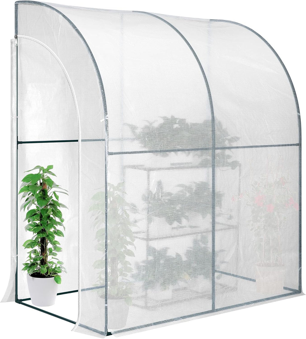 VIVOSUN Mini Lean-to Greenhouse, 6.6’ x 3.3’ x 6.9’ Portable Wall House with White PE Cover and Shelf for Compact Garden 79x39x83-Inch