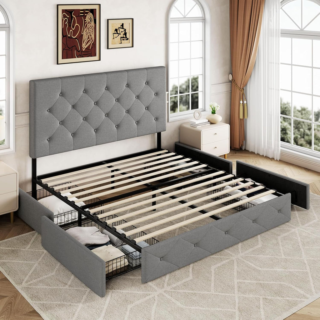 Allewie Queen Size Storage Bed Frame with 4 Underbed Drawers, Light Grey