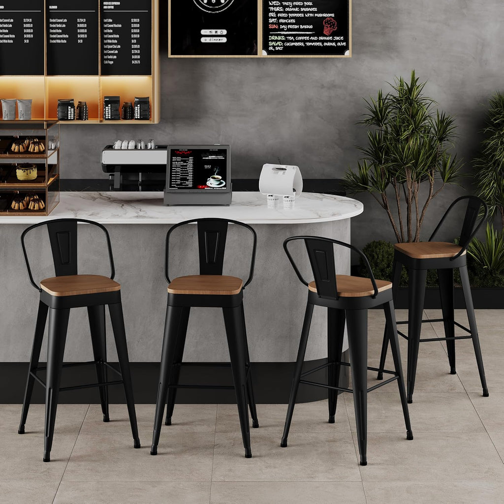 Aklaus Metal Bar Stools Set of 4,30 inch Barstools Bar Height Bar Stool with Backs Farmhouse Bar Stools with Large Seat High Back Kitchen Dining Chairs Modern Bar Chairs Matte Black Stools