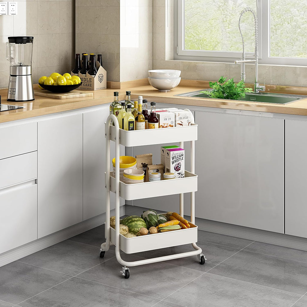 MIOCASA 3-Tier Metal Utility Rolling Cart, Heavy Duty Multifunction Cart with Lockable Casters, Easy to Assemble, Suitable for Office, Bathroom, Kitchen, Garden