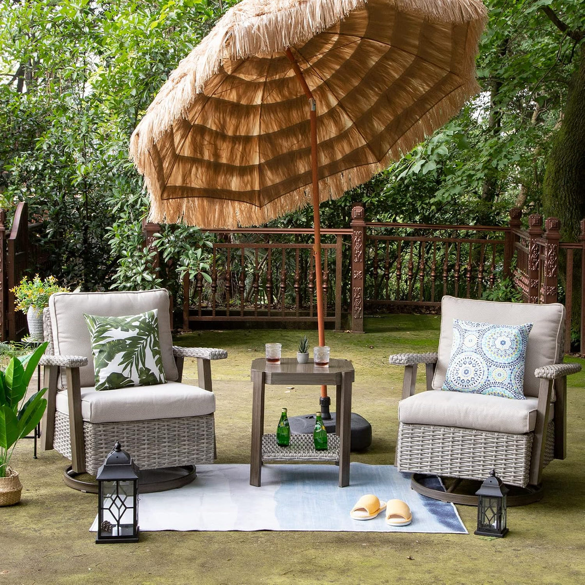 Joyside Outdoor 360° Swivel Rocker Patio Chairs Sets of 2 and Matching Side Table - 3 Piece Wicker Patio Bistro Set with Premium Fabric Cushion(Grey/Beige)