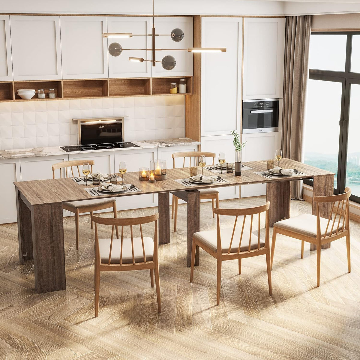 Extendable Dining Table, Transformer Extra Console Table for 1-12 People, Folding Space Saving Dining Room Table for Homes, Apartments, Oak
