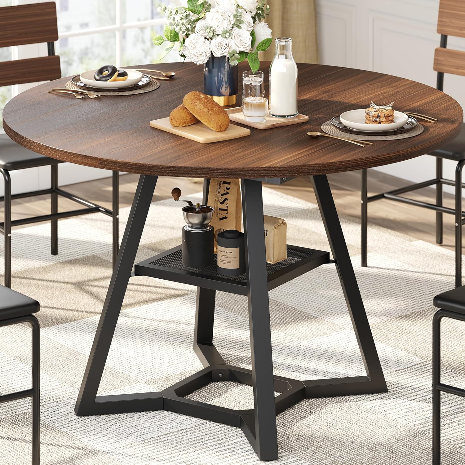 knoworld Round Dining Table for 4, Kitchen Tables Dining Room Circle Dinner Table with Pedestal Metal Frame, Space Saving Wood Industrial Kitchen & Dining Room Tables, Walnut 43In