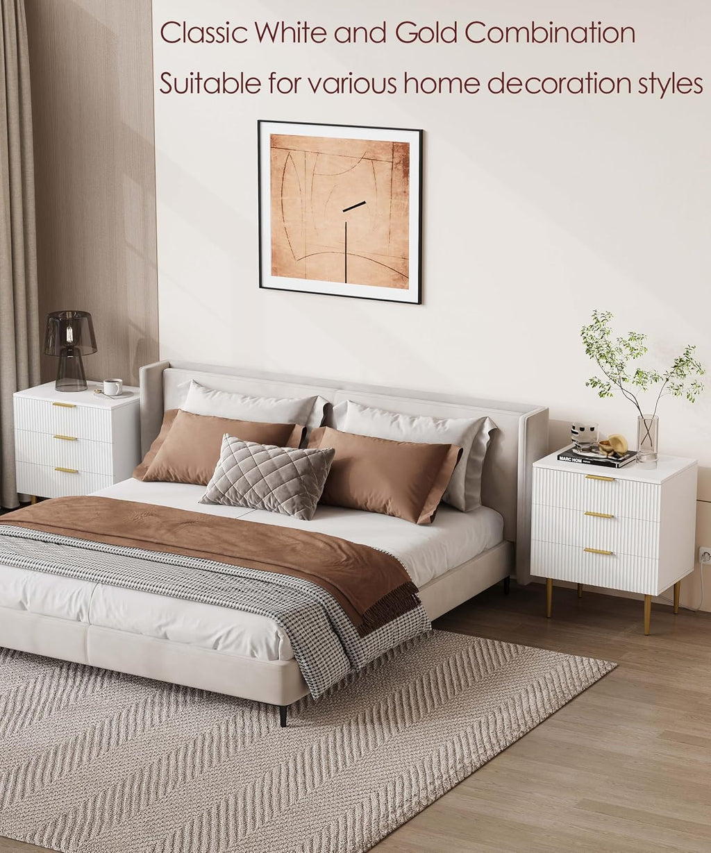 Akxomel Fluted Nightstand Side Table with Charging Station White Bedroom | 3 Drawer Nightstand with Charging Station, Modern Bedside Table, 15.7"D x 23.2"W x 27.5"H, for Bedroom