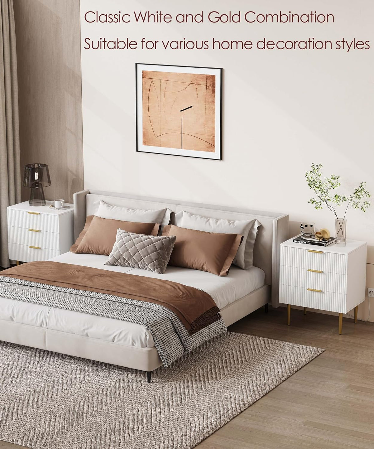 Akxomel Fluted Nightstand Side Table with Charging Station White Bedroom | 3 Drawer Nightstand with Charging Station, Modern Bedside Table, 15.7"D x 23.2"W x 27.5"H, for Bedroom