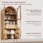 71" Tall Arched Kitchen Pantry Cabinet with Door Shelves, Farmhouse Kitchen Storage Cabinet with Open & Adjustable Shelves, Hidden Drawer & Glass Door, Cupboard for Kitchen, Dining Room, Natural