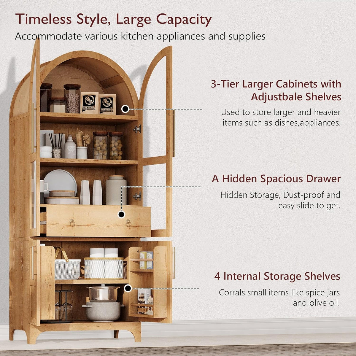 71" Tall Arched Kitchen Pantry Cabinet with Door Shelves, Farmhouse Kitchen Storage Cabinet with Open & Adjustable Shelves, Hidden Drawer & Glass Door, Cupboard for Kitchen, Dining Room, Natural