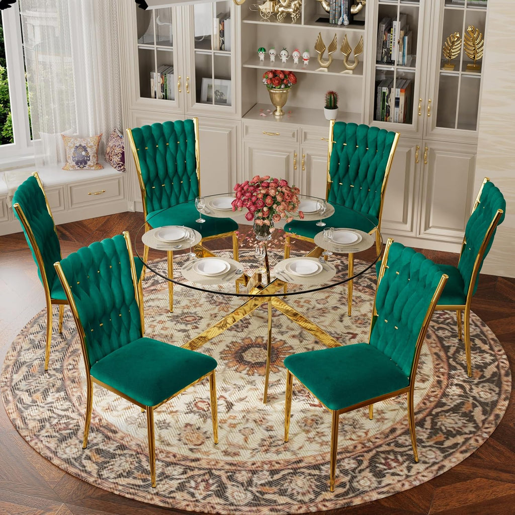 Velvet Dining Chairs Set of 6, Woven Upholstered Dining Chairs with Gold Metal Legs, Modern Accent Chairs for Living Room, Dining Room, Kitchen(Green)