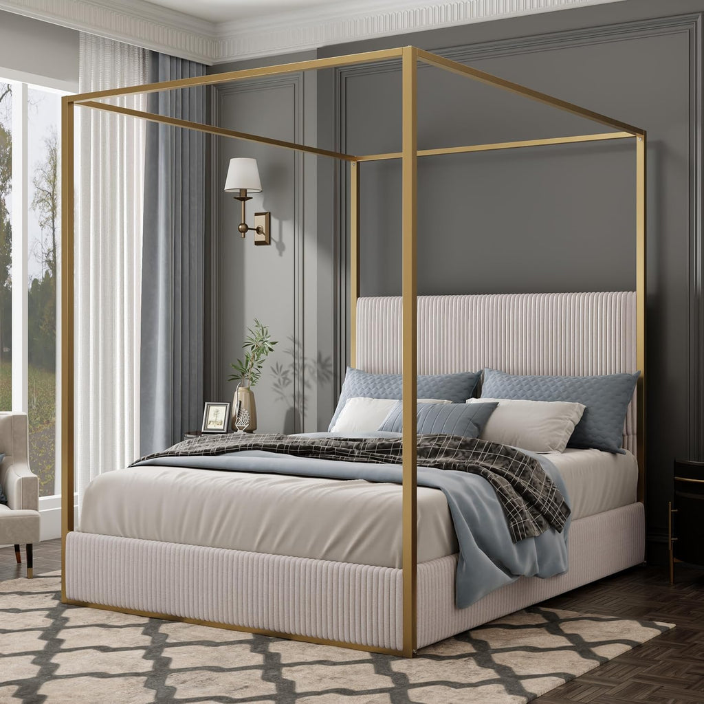 Modern Luxury 4-Poster Canopy Platform Bed King Size with Velvet Upholstered Tall Headboard, Metal Canopied Design Platform Bed Frame with Strong Slats Support (Beige+Gold-King)
