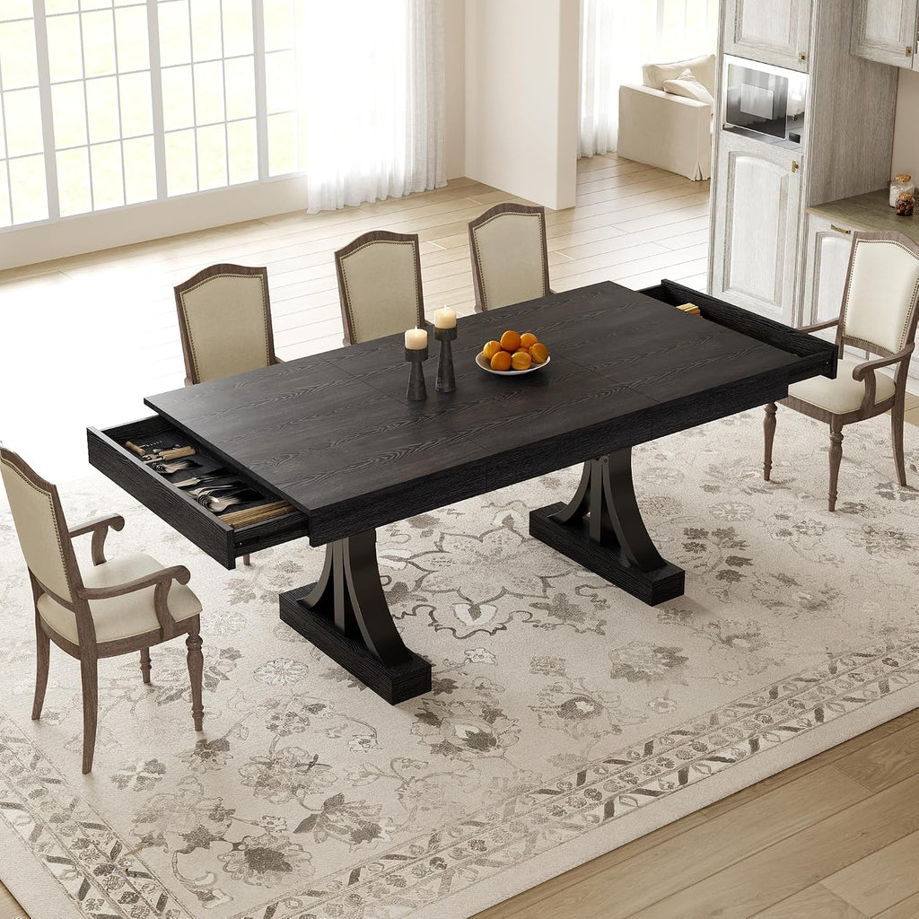 GarveeHome Dining Table for 6-8 with 2 Drawers,71-Inch Industrial Dining Table with Large Tabletop & Sturdy Frame, Rectangular Wooden Kitchen Table with Double Pedestal, for Dinner， Rustic Black