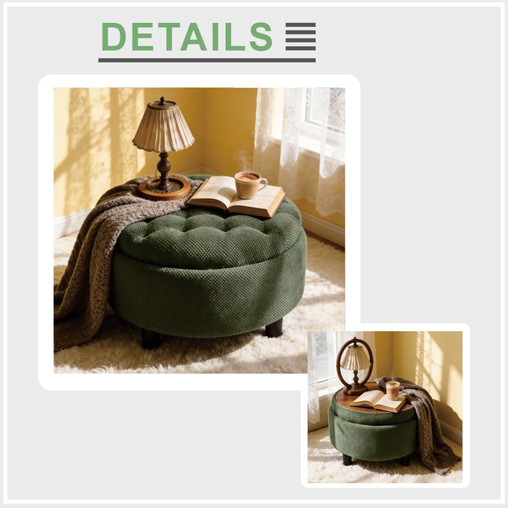 25Inch Round Storage Ottoman with Tray, ModernTufted Fabric Circle Coffee Table with Storage, Upholstered Ottoman with Removable Top for Living Room, Bedroom. (Dark Green + Wood+Fabric + Foam)