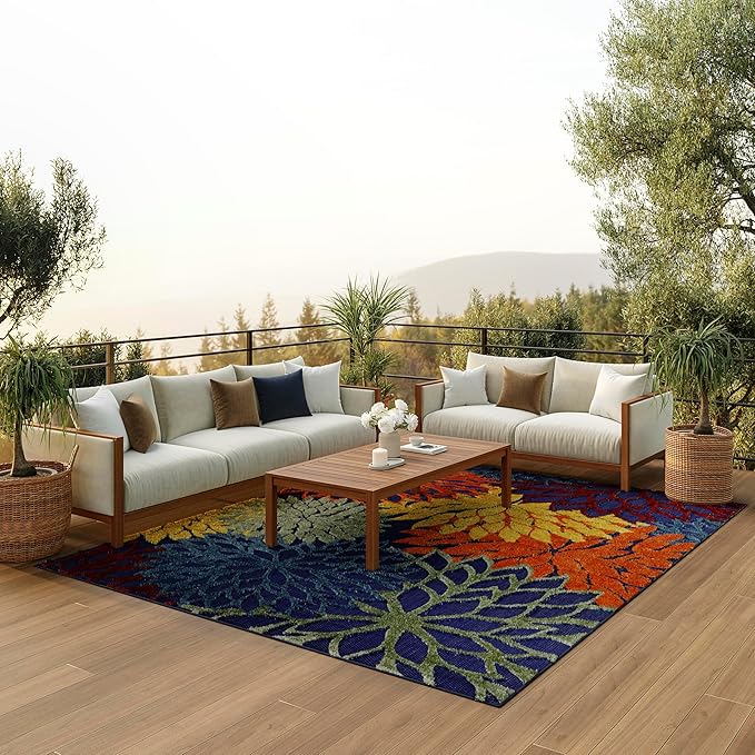 Nourison Home Aloha Indoor/Outdoor Modern Navy Multicolor 7'10" x 10'6" Area Rug, Easy Cleaning, Non Shedding, Bed Room, Living Room, Dining Room, Backyard, Deck, Patio (8x11)