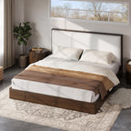Queen Size Walnut Wood Platform Bed Frame with Soft Cloud Headboard