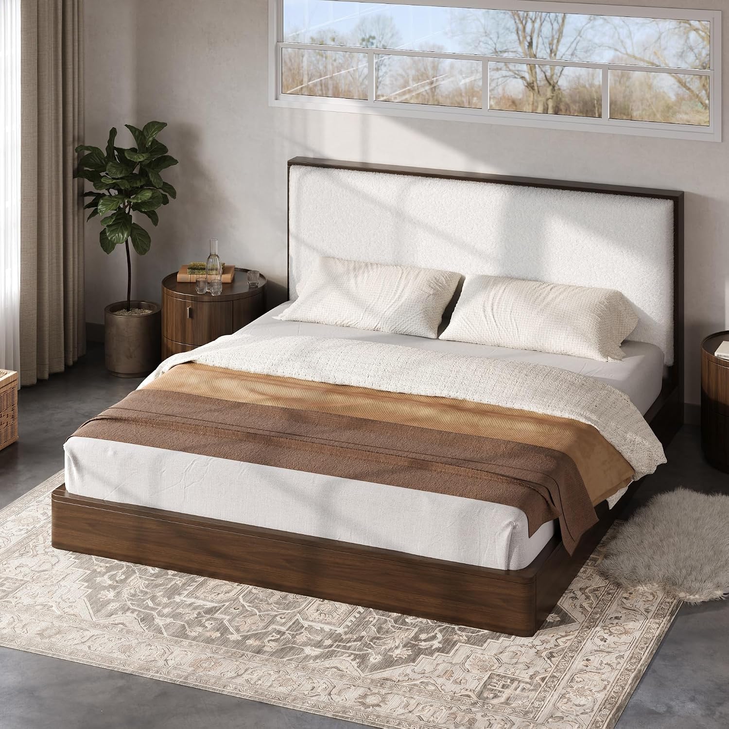 Merax Queen Platform Bed Frame with Bouclé Upholstered Headboard, Solid Wood Platform Bed, No Box Spring Needed, Noise-Free Modern Bed Frame for Bedroom, Walnut