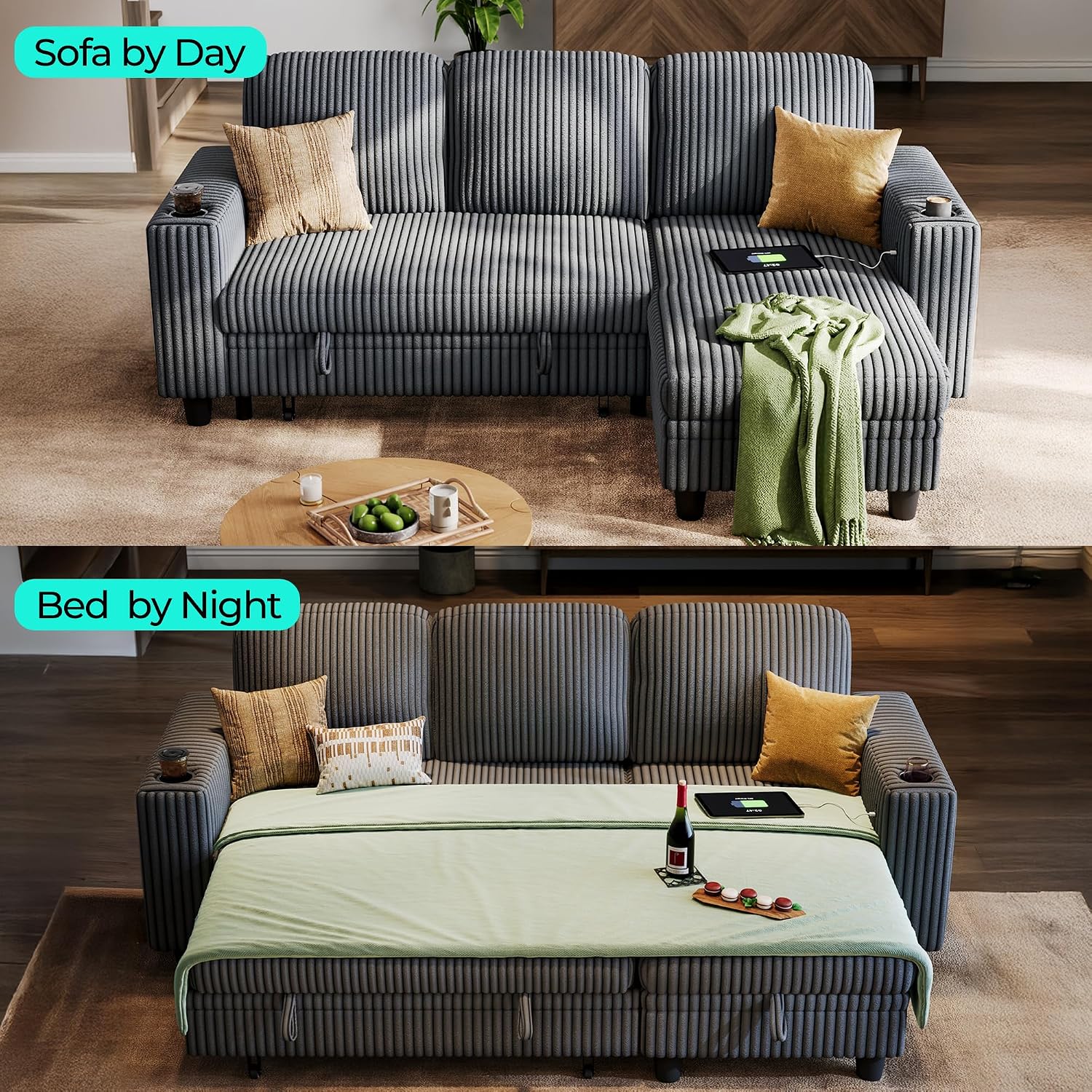 LINSY HOME Sectional Couches for Living Room, 81" L Shape 3 Seats, Grey | Sleeper sofa with pull out couch bed, corduroy couch with storage
