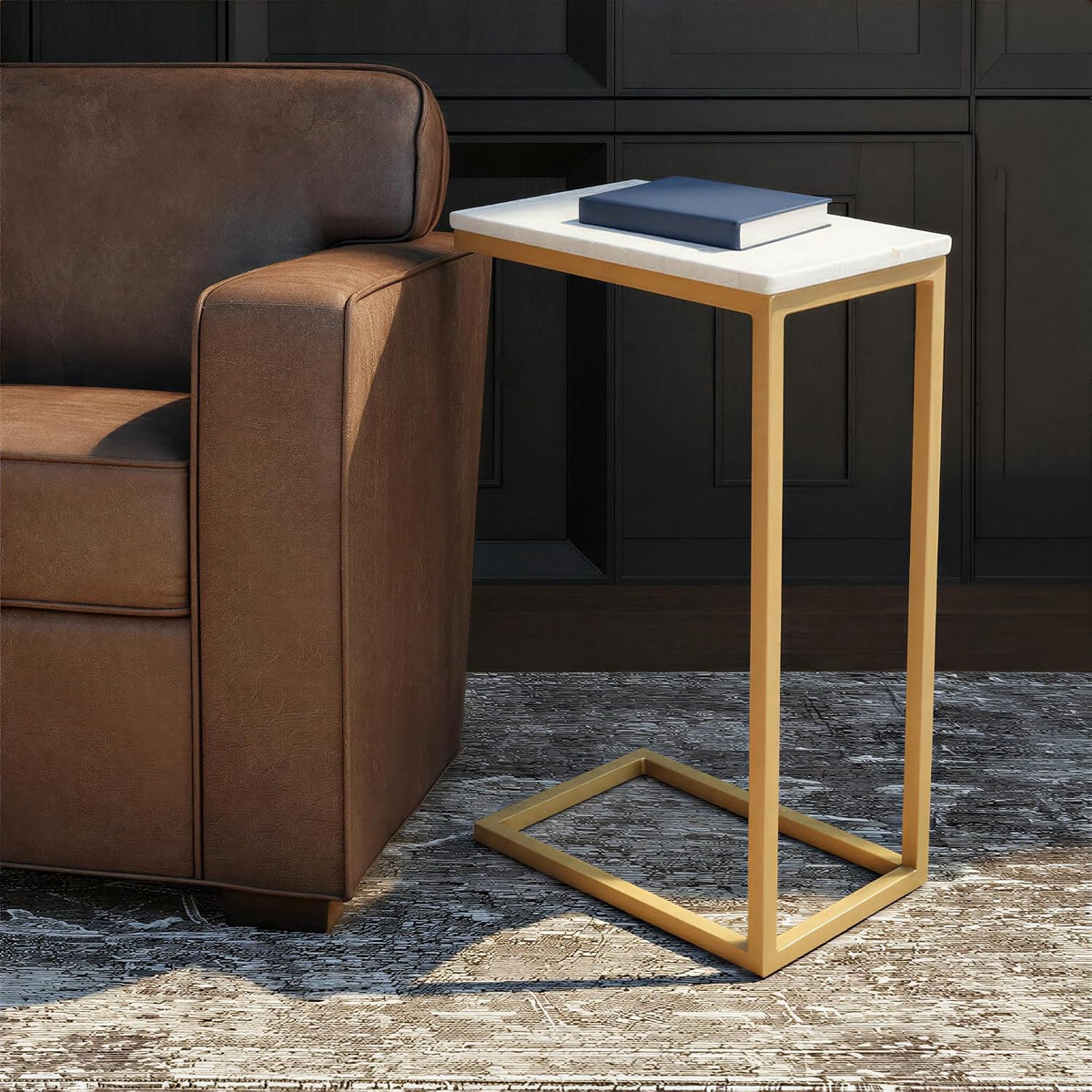 Jofran Aurora Marble Top C-Table Set of 2 with Iron Frame, Modern Accent Side Table for Living Room Bedroom, Gold