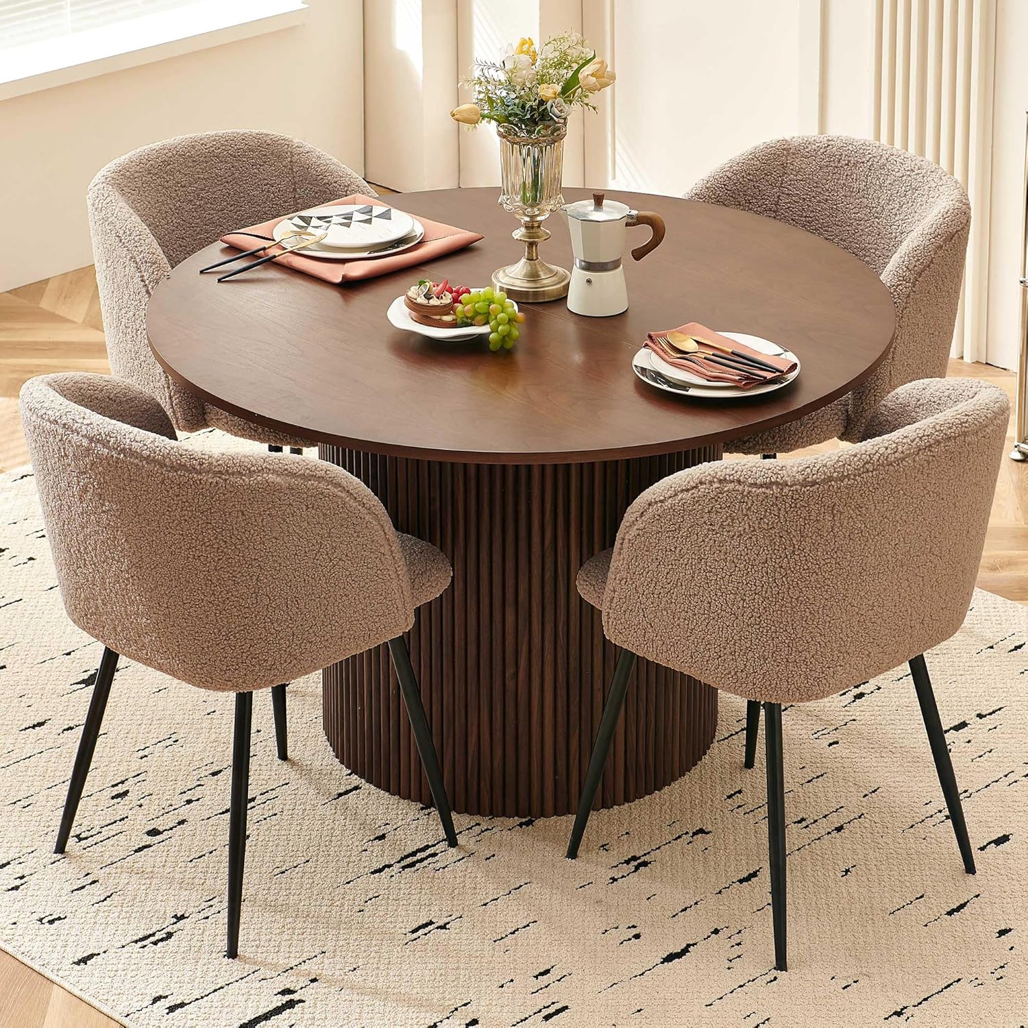 NORDICANA 5-Piece Wooden Round Dining Room Table and Chair Set, 47-Inch Kitchen Table with Barrel Chairs for 4, Brown Upholstered Sherpa Dining Set, MDF Core with Walnut Finish