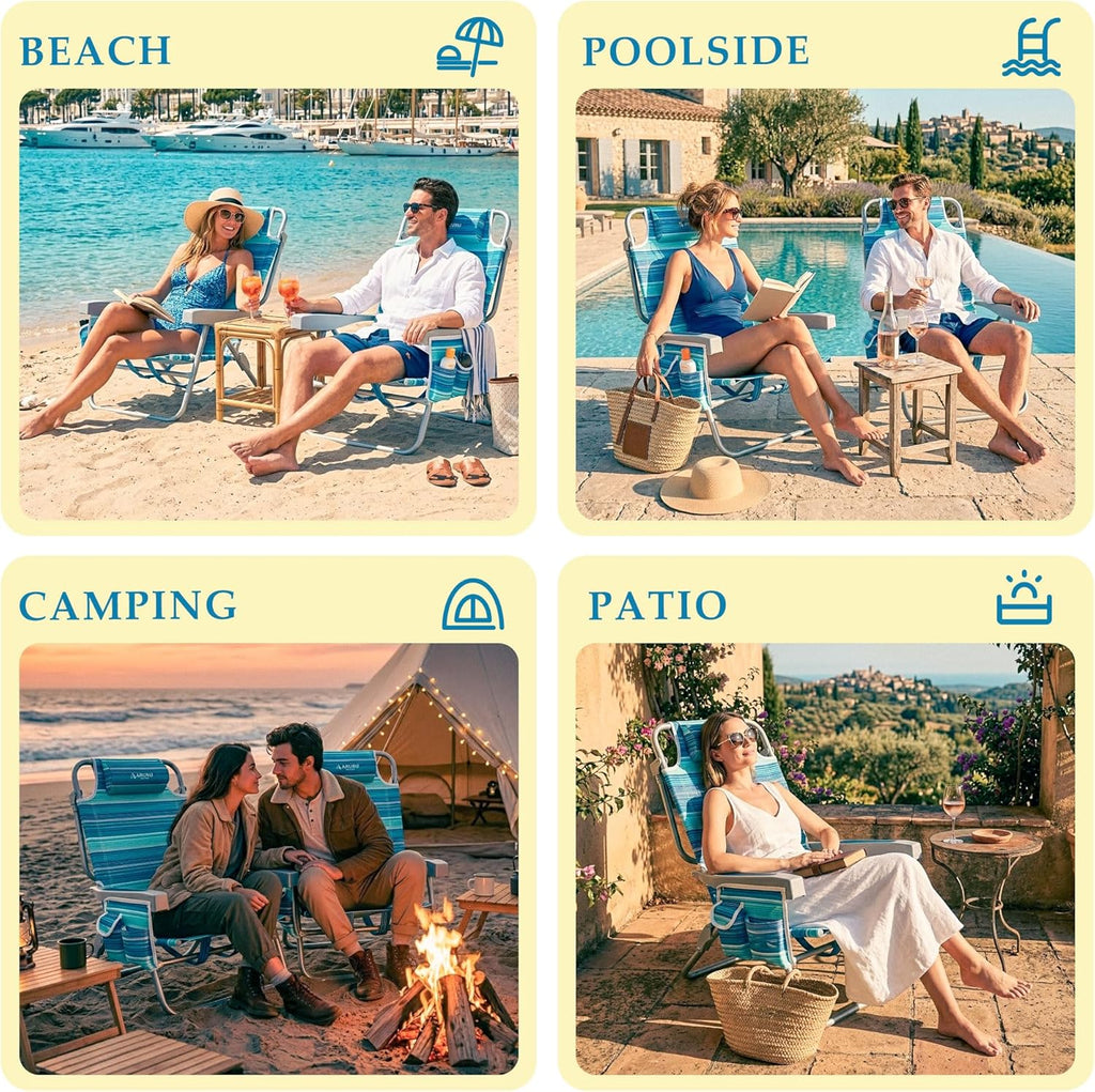 Beach Chairs for Adults, Portable Folding Backpack Beach Chair Heavy Duty 5-Position Lay Flat with Cooler Bag, Cup Holder for Outdoor/Lawn/Trip/Picnic/Fishing/Camping