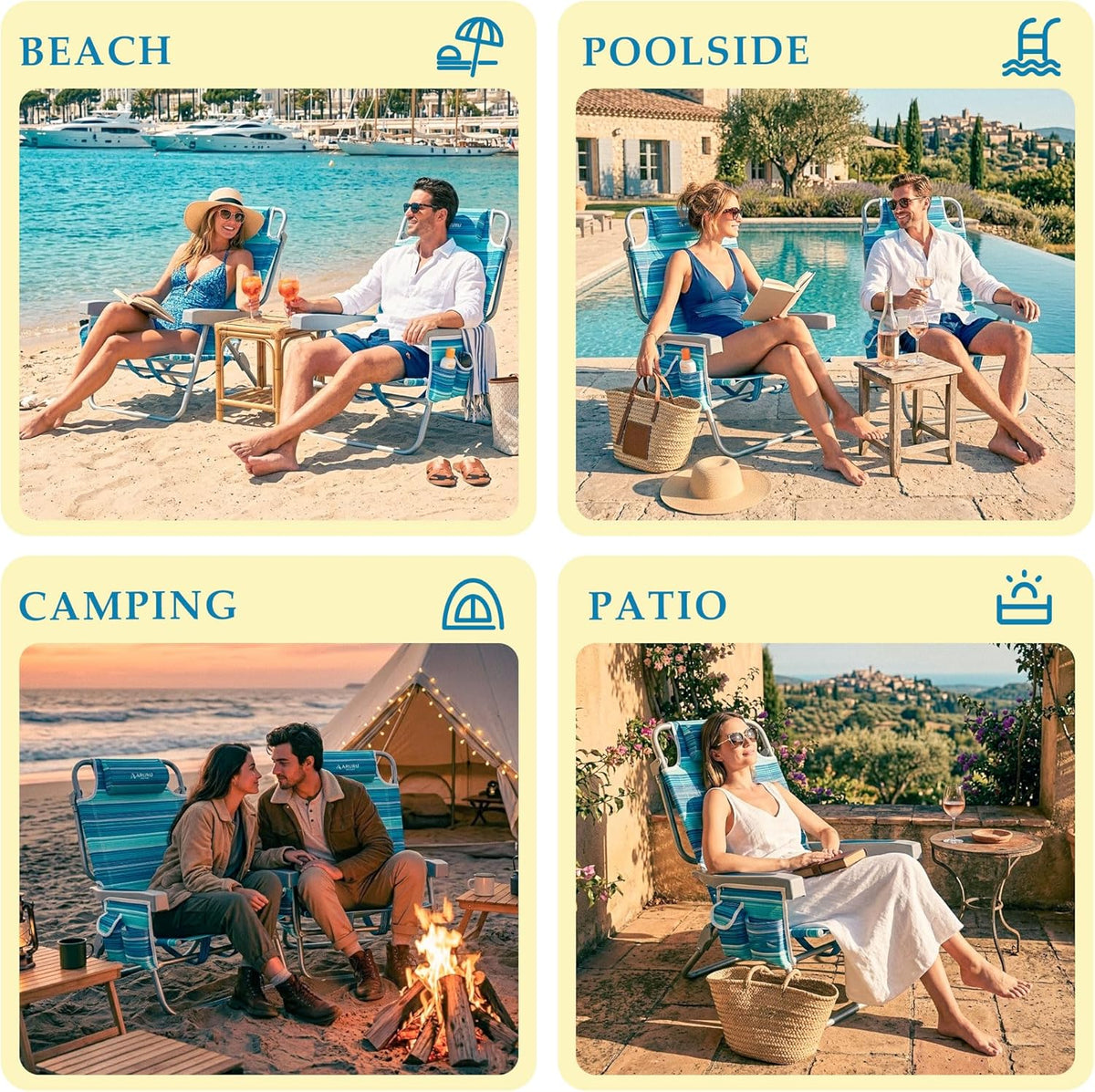Beach Chairs for Adults, Portable Folding Backpack Beach Chair Heavy Duty 5-Position Lay Flat with Cooler Bag, Cup Holder for Outdoor/Lawn/Trip/Picnic/Fishing/Camping