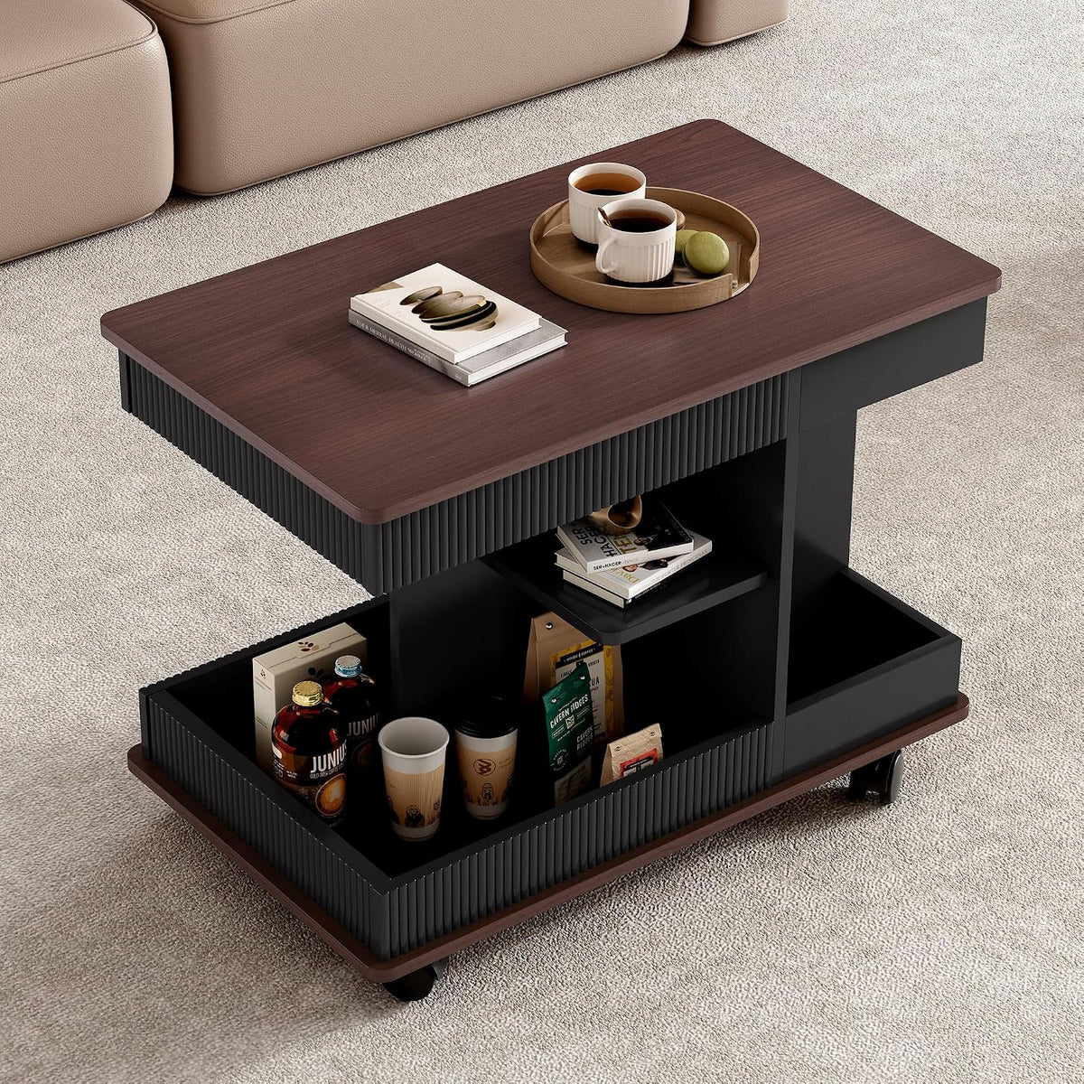 Modern Adjustable End Table with Wheels, 360° Rotating and Adjustable Lift-Top Design, Multifunctional Sofa Side Table with Storage Space for Living Room, Small Space (Black+Brown/508)