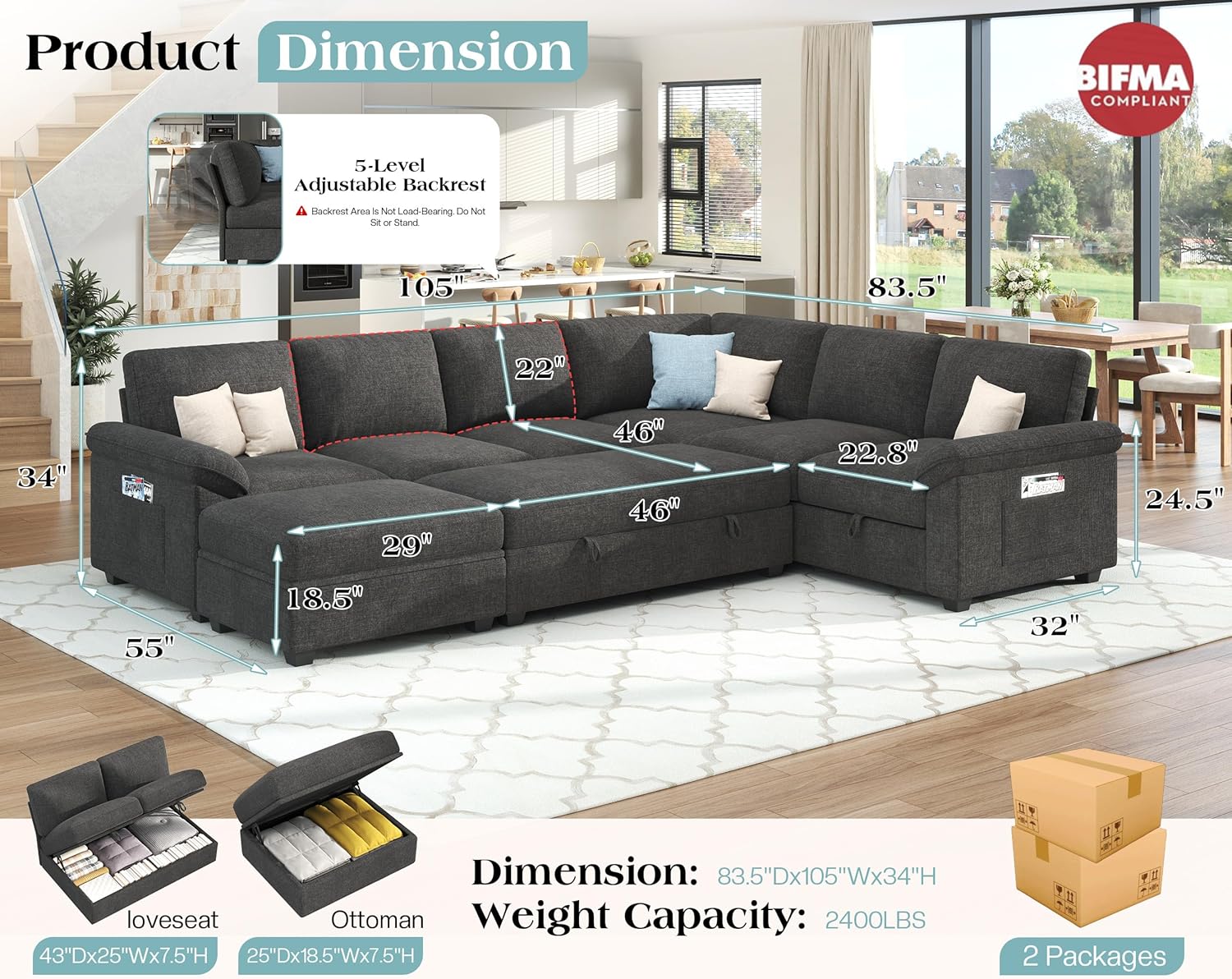 Jocisland 105" Sofa Bed, Sectional Sleeper Sofa with Pull Out Bed/Reclining Backrest, Sleeper Couch Bed with Storage, 6 Seater Couch Bed for Living Room, Chenille Dark Gray