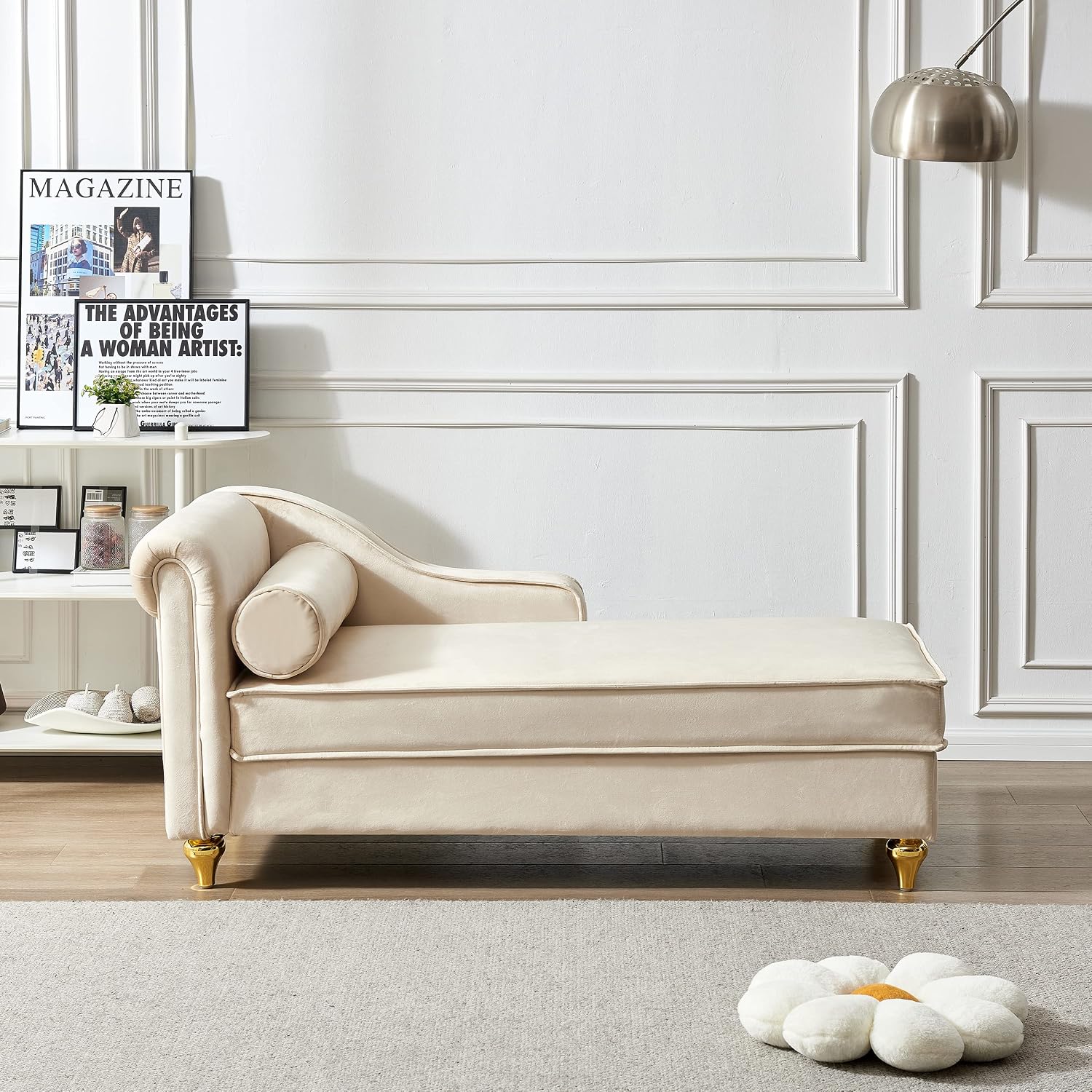60.6''Velvet Chaise Lounge Indoor, Modern Velvet Lounge Chair with Left Armrest & Lumbar Pillow,Button Tufted Lounge Sofa with Storage for Bedroom, Living Room and Office，Beige