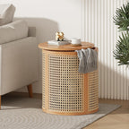 Christopher Knight Home Aurl 15.70" Round End Table, Hollow Woven Side Table, Small Rubber Wood Nightstand, Rattan Woven Tea Desk, Round Wood Tabletop, Chic Home Deor Desk, Easy Assembly, Natural