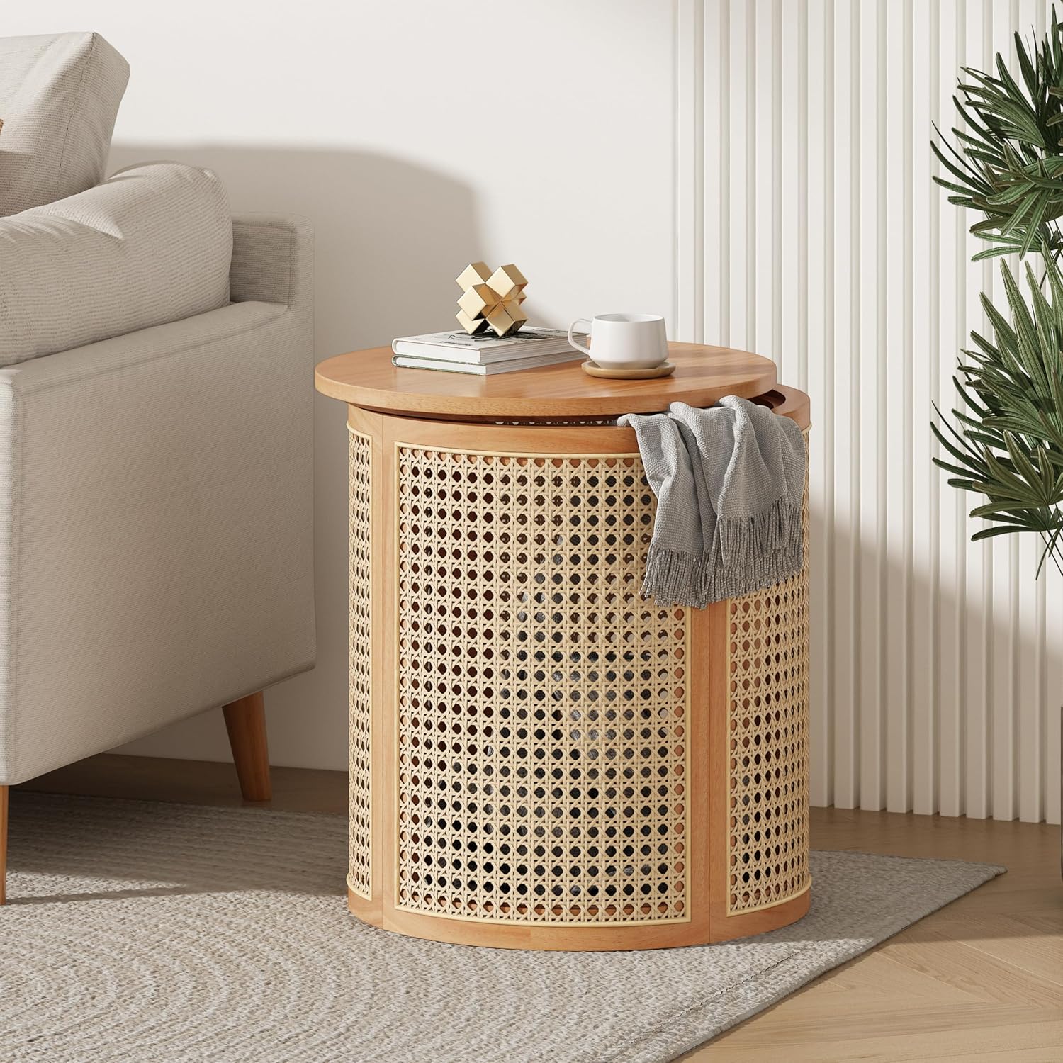 Christopher Knight Home Aurl 15.70" Round End Table, Hollow Woven Side Table, Small Rubber Wood Nightstand, Rattan Woven Tea Desk, Round Wood Tabletop, Chic Home Deor Desk, Easy Assembly, Natural