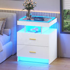 LED Nightstand Set 2 with Charging Station,Motion Senor,White | Night Stand with 2 Drawers,Glass Top Smart BedSide Table,Modern End Table Side for Bedroom,Living Room,Office