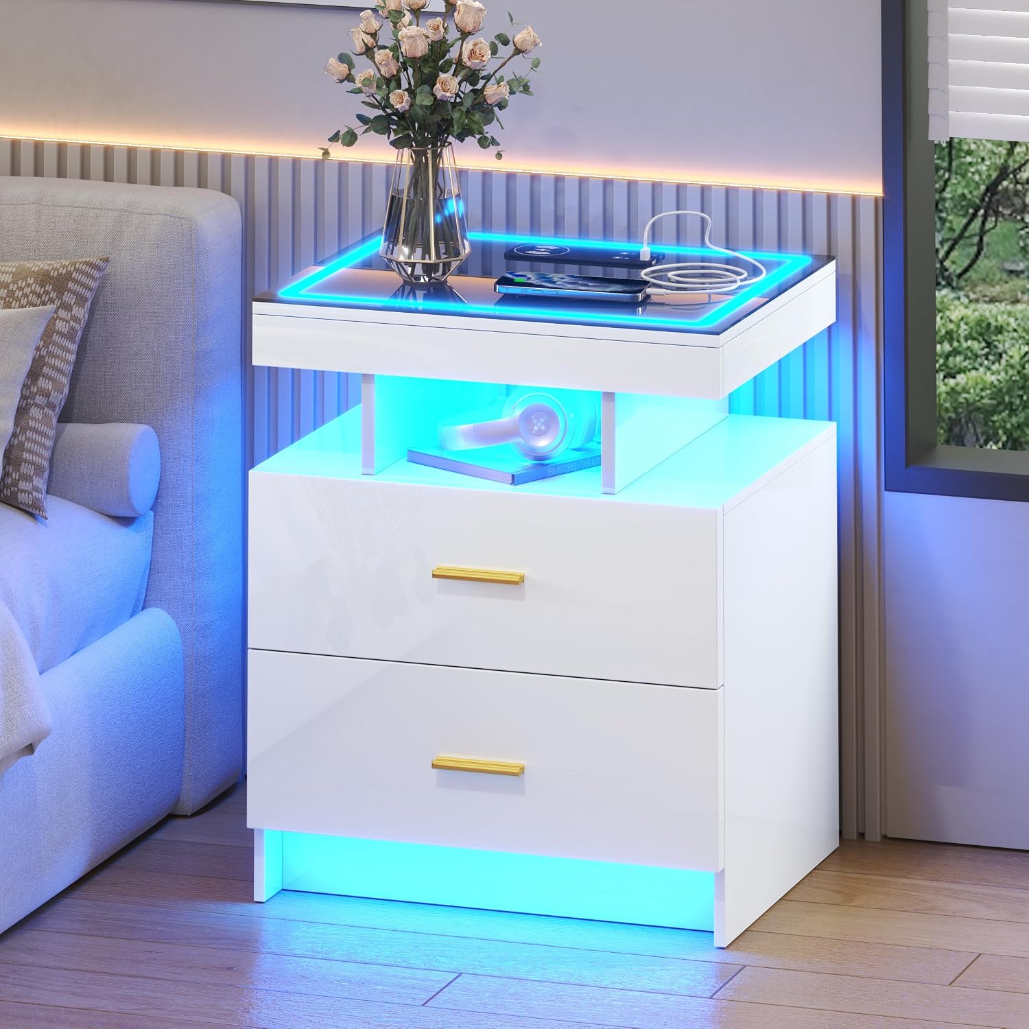 LED Nightstand Set 2 with Charging Station,Motion Senor,White | Night Stand with 2 Drawers,Glass Top Smart BedSide Table,Modern End Table Side for Bedroom,Living Room,Office