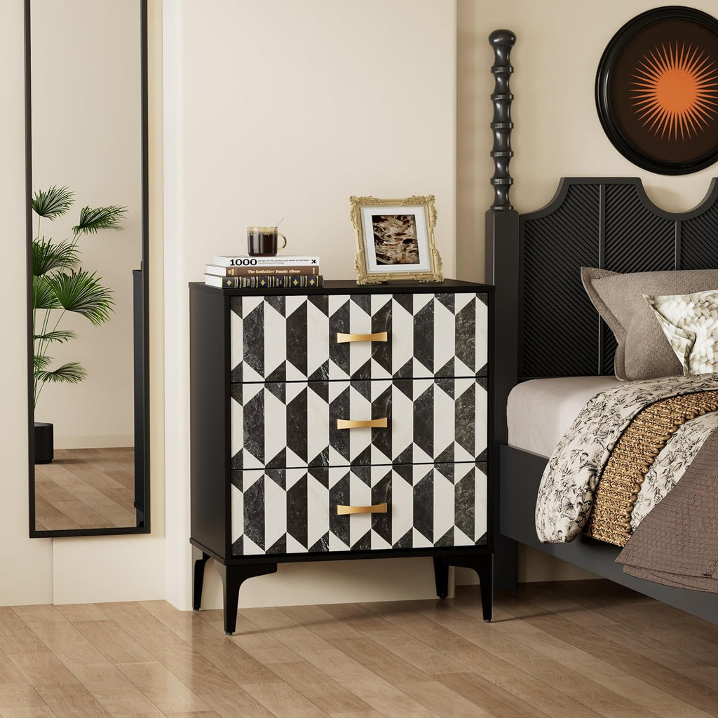 Anbuy Black Marble Nightstand, Modern Night Stand with 3 Drawers for Bedroom, Large Side End Table Bedside Night Tables with Gold Handles & Matel Legs
