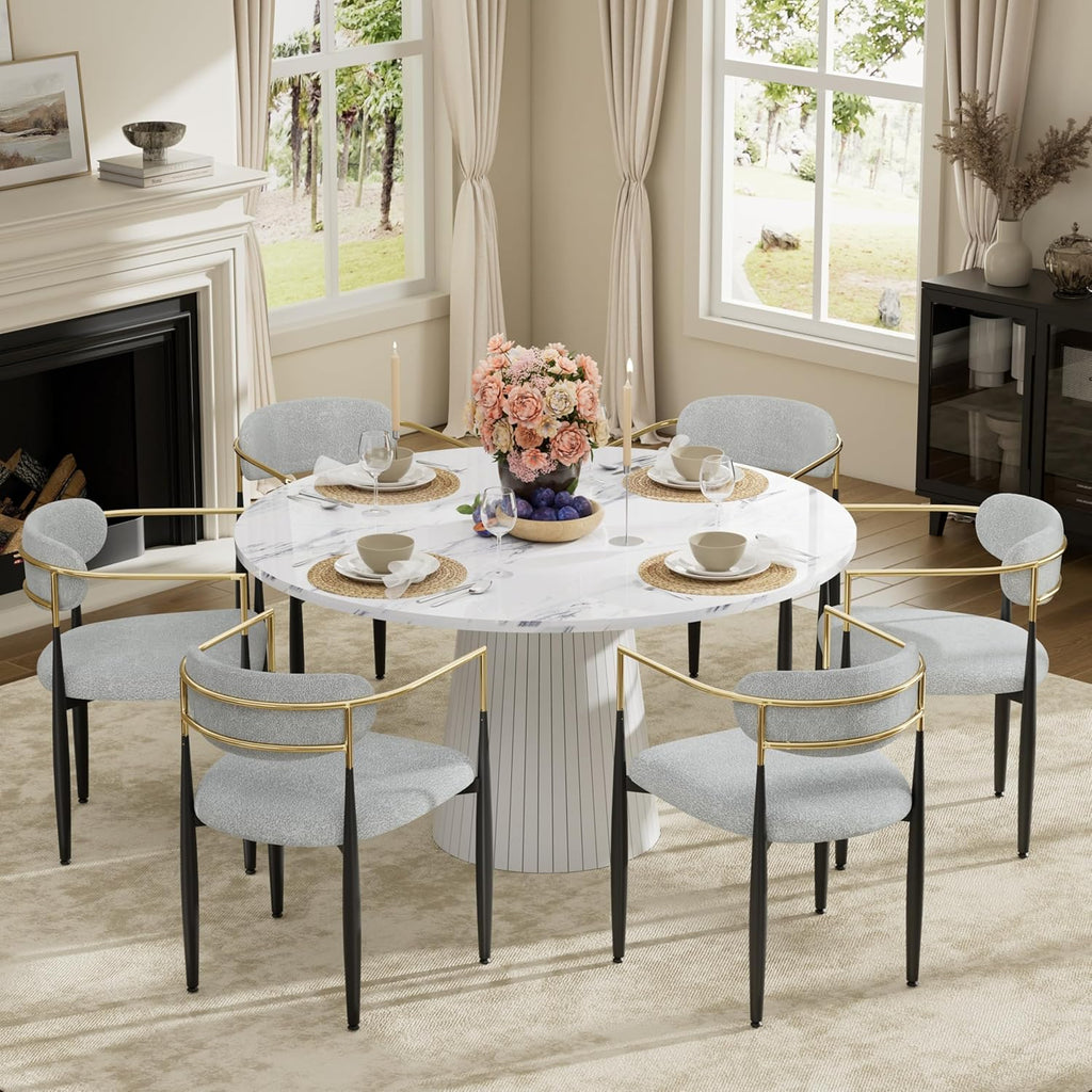 Baysitone Dining Chairs Set of 6 Mid-Century Modern Upholstered Boucle Dining Room Chairs Open Back Curved Backrest Black Metal Legs Gold Armchairs for Kitchen Living Room, Gray(Only Chairs)