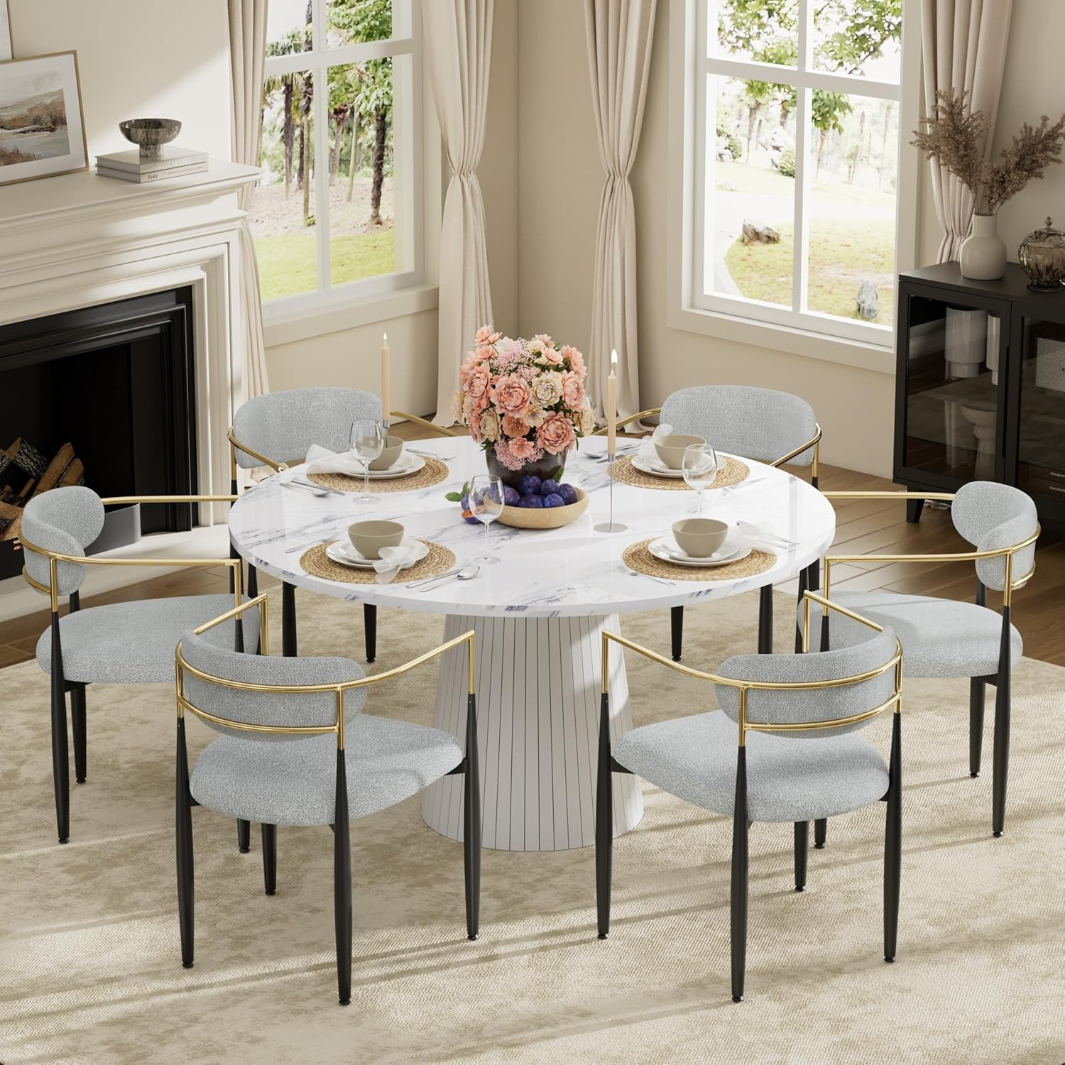 Baysitone Dining Chairs Set of 6 Mid-Century Modern Upholstered Boucle Dining Room Chairs Open Back Curved Backrest Black Metal Legs Gold Armchairs for Kitchen Living Room, Gray(Only Chairs)