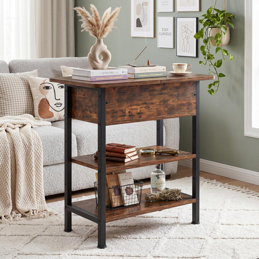 GRUSIGN End Table with Charging Station, Flip Top Side Table with USB Ports and Outlets, 3-Tier Small Side Table with Storage for Small Space, End Tables for Living Room/Bedroom, Rustic Brown