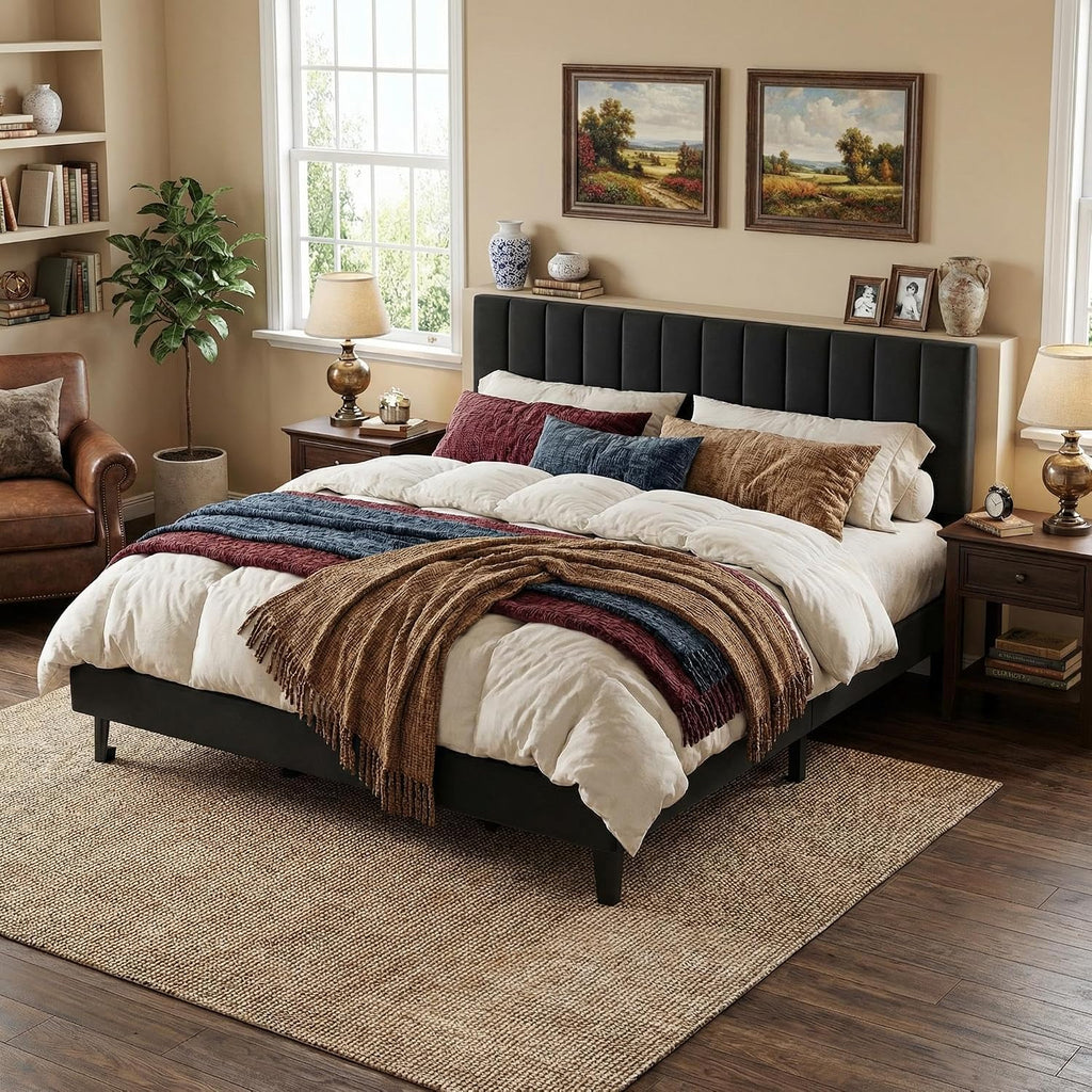 GarveeHome King Size Velvet Upholstered Platform Bed Frame, Black