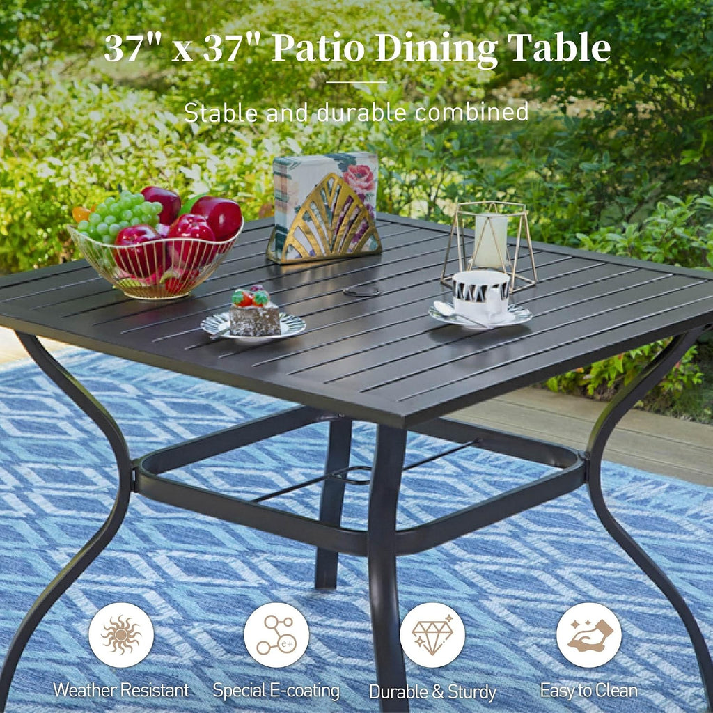 SUNSHINE VALLEY 5 Piece Patio Dining Set for 4, 37”x37” Square Table with Umbrella Hole, 4 Metal Brown Chairs, Outdoor Table and Chairs Set for Lawn Backyard and Deck