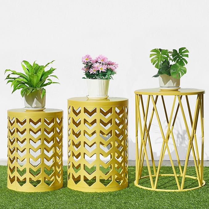Y&M Nesting Side Table, Set of 3 Stacking Coffee Table for Living Room, Indoor End Tables, Outdoor Decorative Garden Stool with Heavy Duty Metal Frame Modern Industrial Decor - Yellow