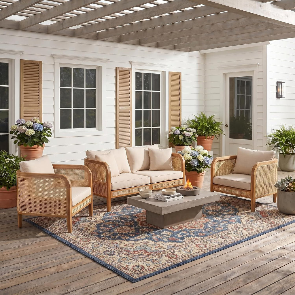 Merax 3 Piece Patio Outdoor Furniture Set, All-Weather Acacia Wood Loveseat Sofa, 2 Armchairs with Cushions for Porch, Lawn, Backyard, Balcony Teak+ Beige