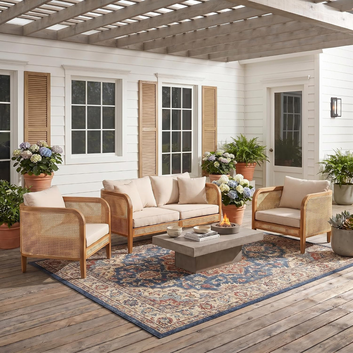 Merax 3 Piece Patio Outdoor Furniture Set, All-Weather Acacia Wood Loveseat Sofa, 2 Armchairs with Cushions for Porch, Lawn, Backyard, Balcony Teak+ Beige