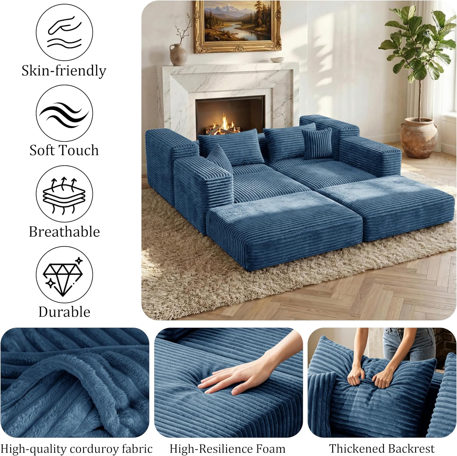 Cloud Modular Sectional Sofa, Comfy Couch with Non Slip Base, Modern L-Shaped Couch with Chaise, Customizable Sleeper Sofa for Living Spaces, No Assembly & Deep Seat(Blue)
