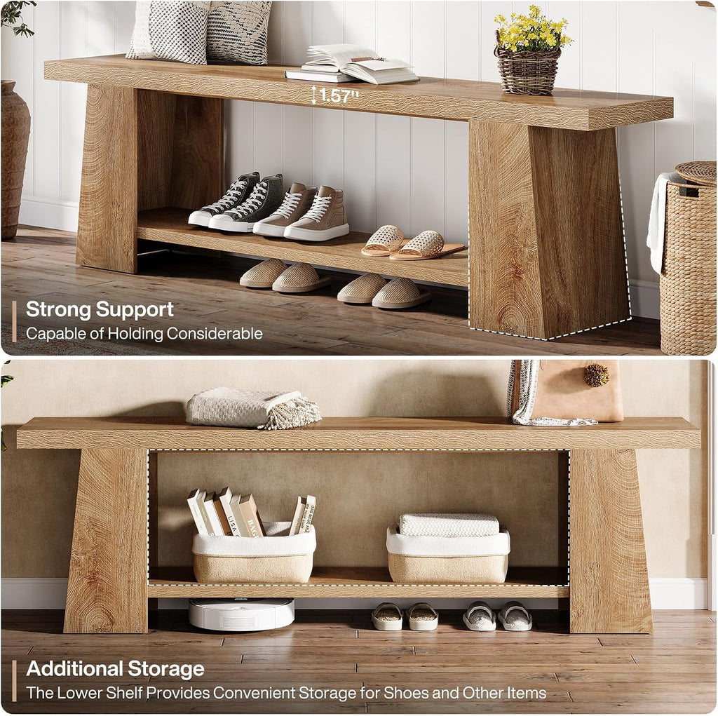 Tribesigns 2-Tier Entryway Bench, 59-Inch Extra Long Shoe Bench with Storage Shelves, Wood End of Bed Seat, Farmhouse Hallway Foyer Seat with Open Shelves for Entryway, Bedroom, Living Room, Natural